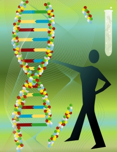 Tegning av mann ved DNA molekyler