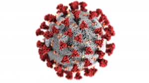 Illustrasjon av virusball med røde pigger