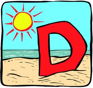 Tegning av en stor D på en strand med sol
