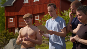 Alexander Sæterstøl, Aslak Maurstad, Christopher Mørch Husby og Elin Tvedt under innspilling av Farmen Kjendis 2023