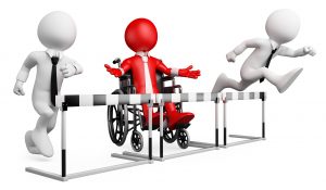 3D-menn hopper over hinder, en i rullestol kommer ikke over