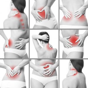 småbilder av kvinne med smertemarkering ulike steder på kroppen
