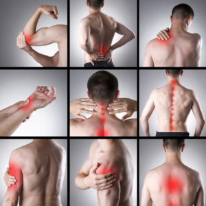 Småbilder med rødmarkering av mserte i ulike deler av kroppen