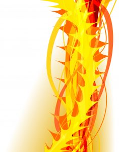 Tegning av ryggrad i gult og oransje, som ser ut som den stikker og brenner