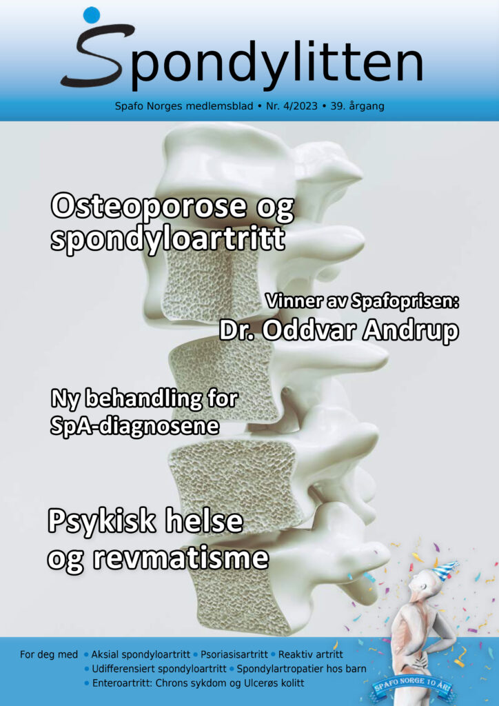 Forsiden til Spondylitten 4-23, med tema osteoporose, samt psykisk helse og revmatisme