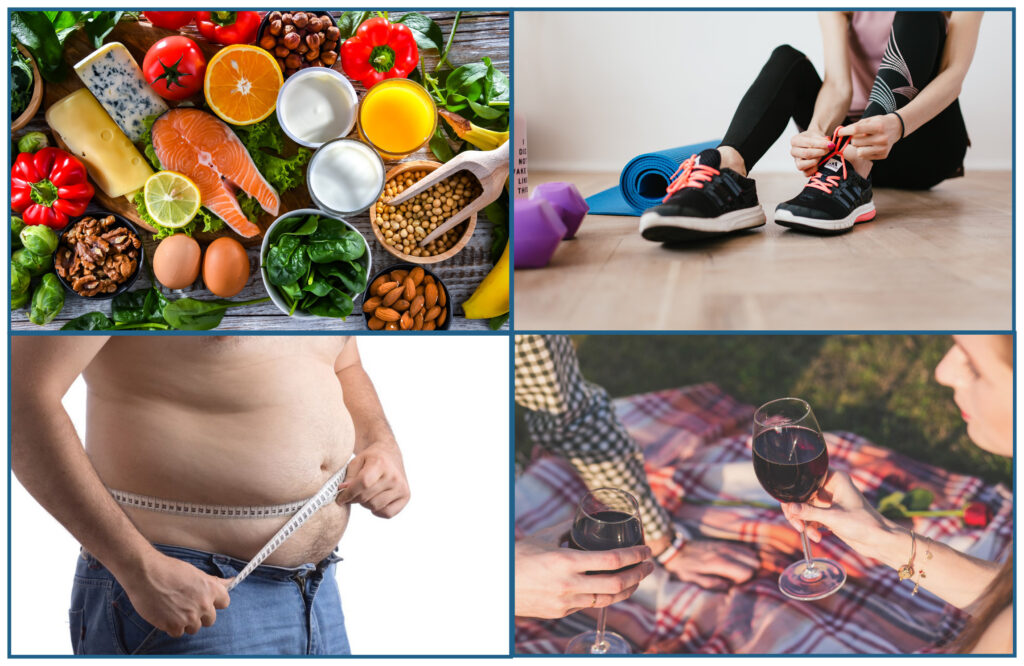 Collage av bilder med temaene kosthold, trening, kroppsvekt og alkohol