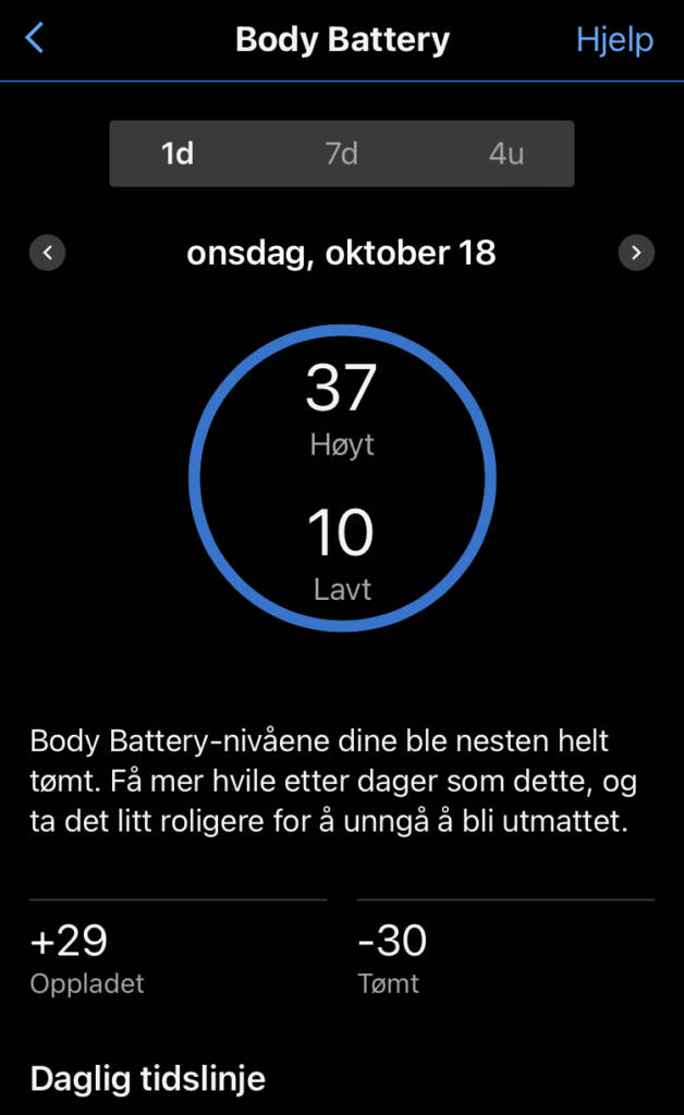 Skjermdump fra appen til sportsklokken med melding om boddy battery