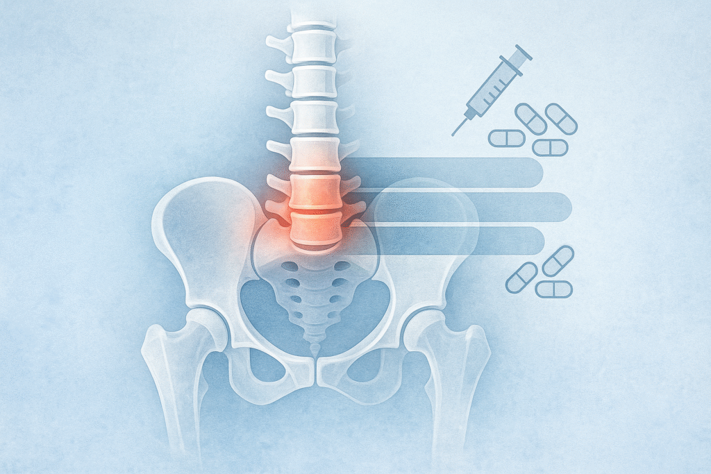 Illustrasjon av lumbalvirvel og bekken med rødmerket betennelse - laget av ChatGPT
