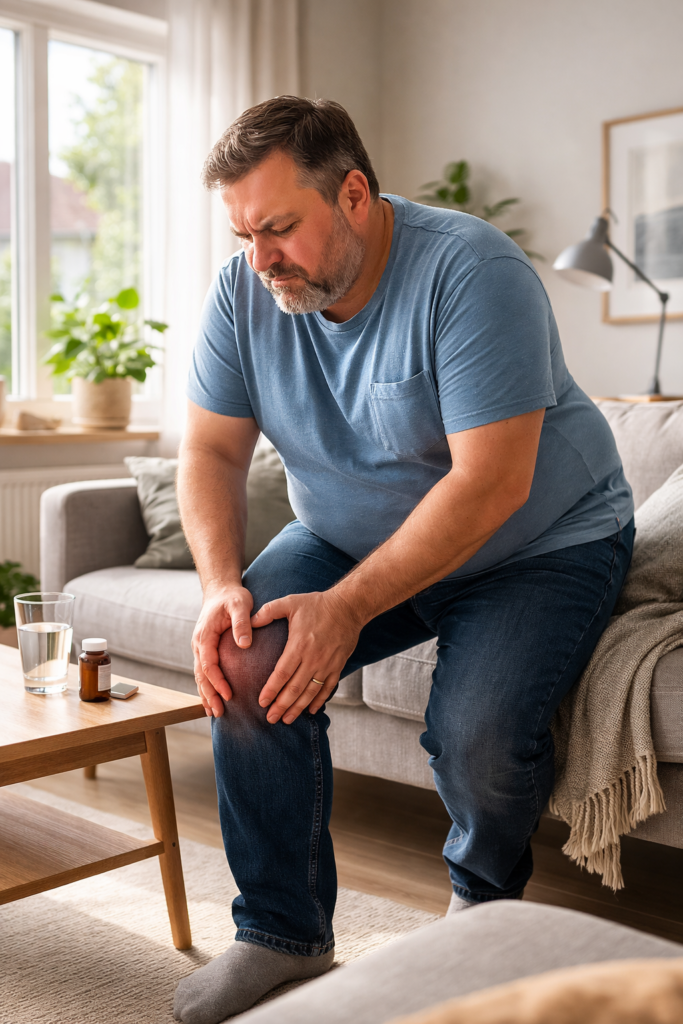 Mann med overvekt og knesmerter forsøker å reise seg fra sofaen