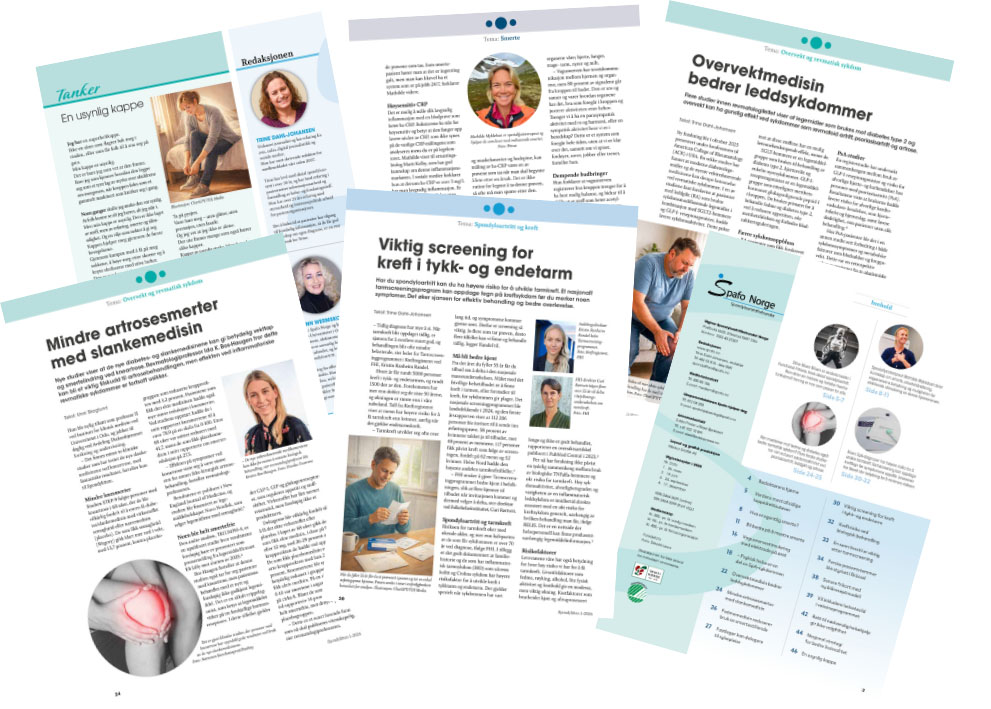 Eksempler på sider fra det nye designet til medlemsbladet Spondylitten