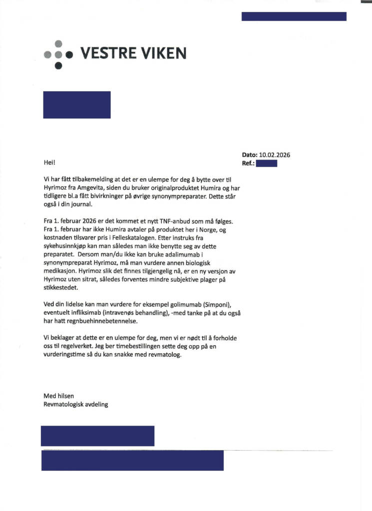 Brev fra en revmatologisk avdeling i Vestre Viken om å ikke kunne forskrive Humira i februar 2026