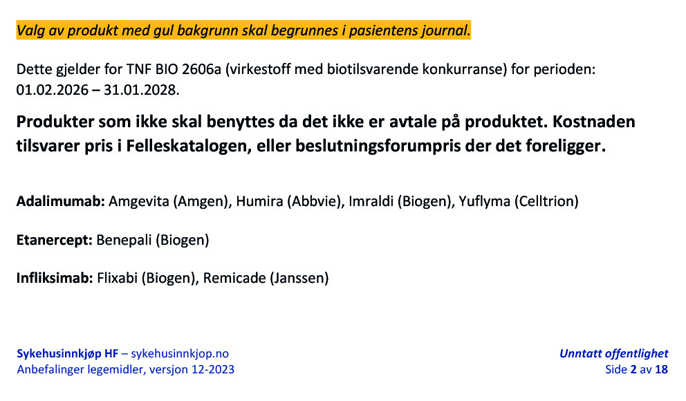 Liste med produkter som ikke skal benyttes fordi det ikke er gjort avtale for produktet - deriblant Humira