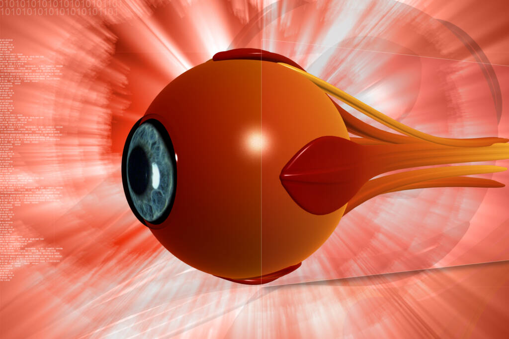 3D-illustrasjon av øye som er helt rødt og betent