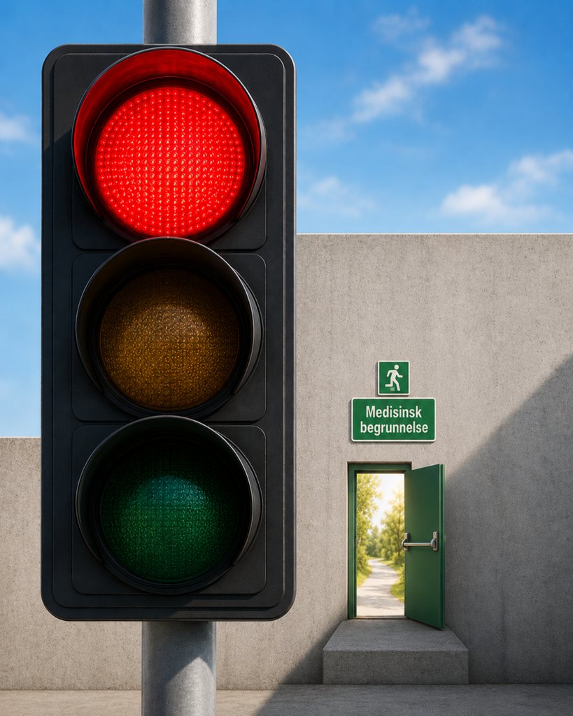 AI-illustrasjon av Trafikklys som lyser rødt og en grønn nødutgang litt i skjul bak og teksten "medisinsk begrunnelse"