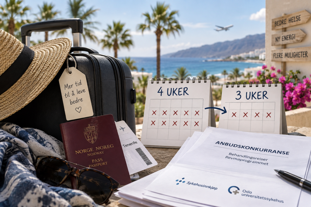AI-illustrasjon av papirer der det står Anbudskonkurranse, flipoverkalendere med teksten 3 og 4 uker, en koffert, stråhatt og pass med flybillett stikkende ut, og i bakgrunnen ser man et sydlansk landskap med palmer og sjø